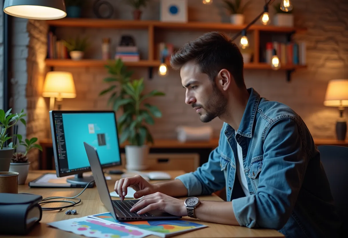 create clothing design studio digital studio in laptop who's running a young man