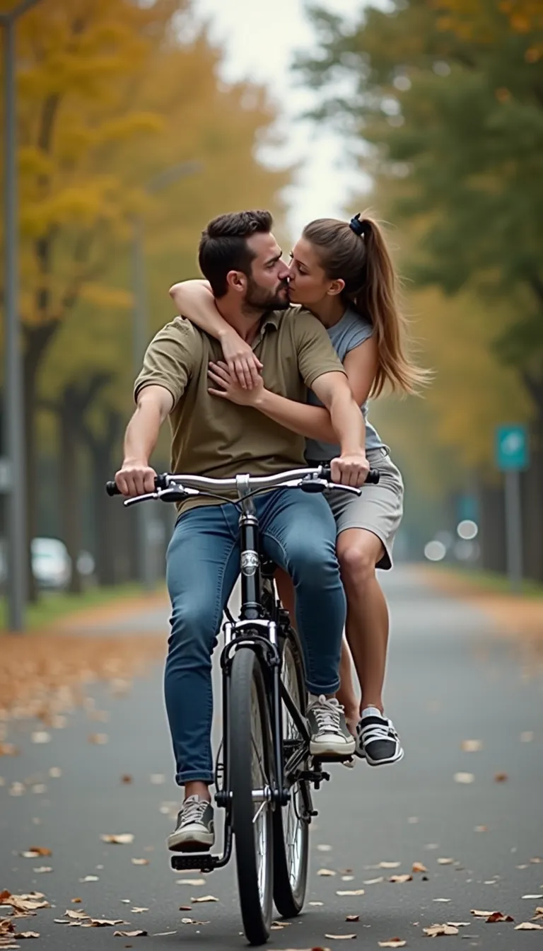 a man riding a bicycle with their girlfriend and also kissing her