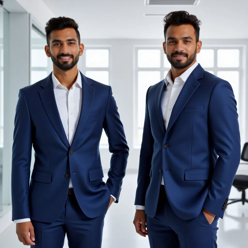 A professional Indian man in his 30s, with a well-groomed beard and short black hair, wearing a formal business suit (navy blue blazer, white shirt, no tie), standing confidently in an office environment. He has a warm, approachable expression. Generate 4 images showing different angles: front view, side view, 3/4 view, and back view. Clean background with soft natural lighting.