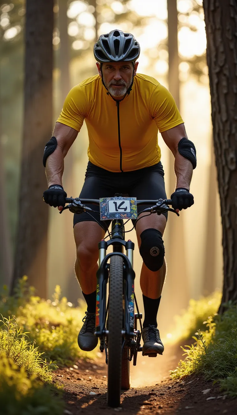 A middle-aged man dressed in a bright cycling suit is riding a mountain bike through a densely wooded trail. The striking sunlight filtering through the towering trees casting long, streaky shadows over him. He is wearing protective gear - a sturdy helmet, knee and elbow pads, and a pair of gloves. Through the winding path, he maneuvers skillfully, his intense focus mirrored in his determined eyes. The fantastically cool wind blusters against his face, making his cycling experience adventurous and exhilarating. His muscular legs pedal rhythmically, each revolution synonymous with the racing pace of his heart. in the style of TOK a trtcrd tarot style