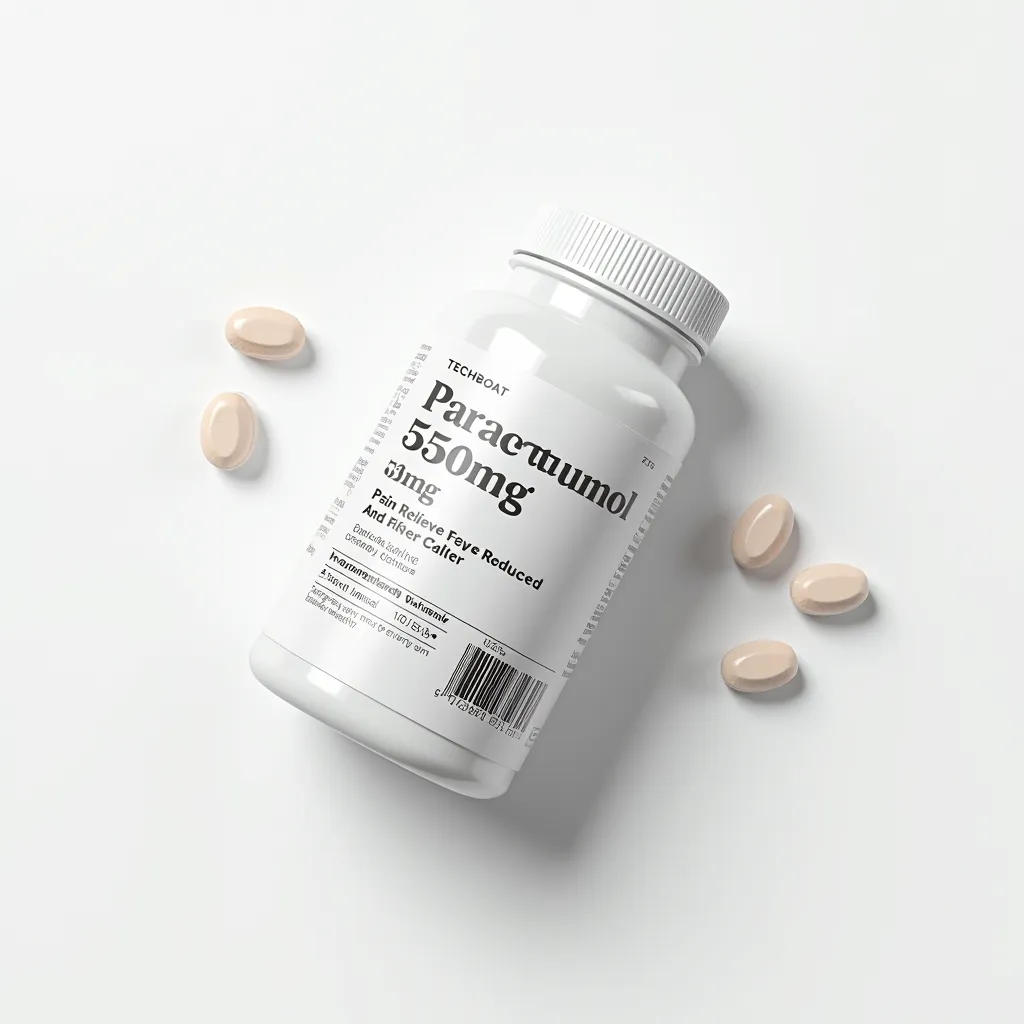 A sleek medical supplement bottle for paracetamol on a white background, featuring the text logo 'TECHBOAT' at the top in a clean font. The bottle is lying flat with its label facing upward, showcasing the detailed information: 'Paracetamol 550mg,' 'Pain Reliever and Fever Reducer,' dosage instructions, warnings, storage instructions, and a barcode. The cap is securely closed, and a few pills are placed neatly around the bottle, creating a clean and organized scene. The minimalistic design with soft, diffused lighting emphasizes professionalism and premium quality.