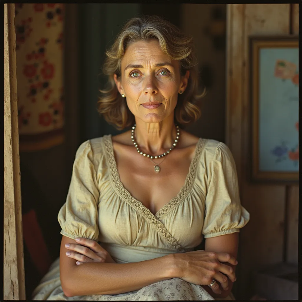 A middle-aged woman portrayed in a classic, warm Kodachrome style of film photography. The scene captures a timeless vibe, with its distinct textured details and vibrant primary colors that reminisce the 1960's to 70's era. The woman, clothed in an elegantly simple terminological dress, exhibits a radiating aura of grace and wisdom. Her soft eyes reveal stories untold, mystery unsolved that beckons the viewer in for a closer look. Her facial expression paints a picture of both melancholy and somber satisfaction suggesting a life lived with ups and downs. The background, a diverse blend of pastoral and rustic elements, further deepens the richness and depth of the photograph. The warm, slightly discolored hue of the Kodachrome image possesses a compelling nostalgic appeal, reminding the viewer of a past era.